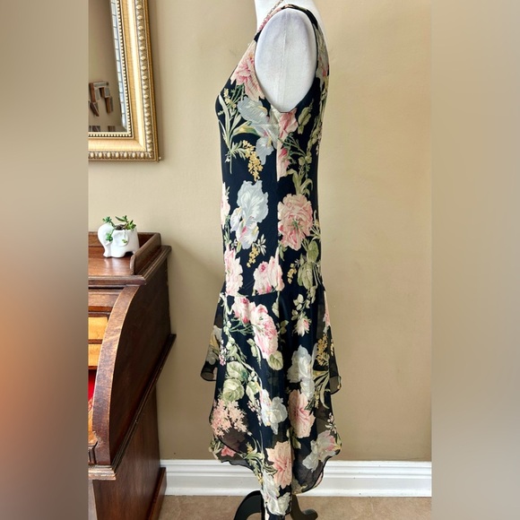 Ralph Lauren Vintage Y2K 90s Silk Slip Dress Black Dark Floral Asymmetrical 10 - Picture 4 of 11
